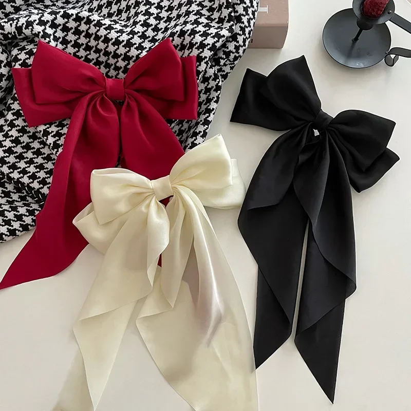 Korean Accessories Hair Clips for Women Girls Big Bowknot Solid Satin Long Ribbon Bows Spring Clamp Barette Cheveux Femme 2023