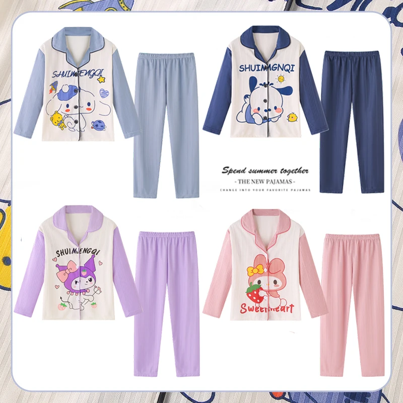 

Anime Sanrio Kuromi Cinnamoroll Pochacco Children Fall Pajamas Kawaii My Melody Boy Girl Casual Loose Pajamas Nightwear Set Gift