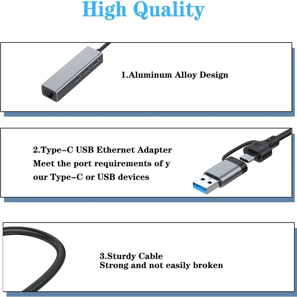 USB C Ethernet Adapter, 3 Port USB 3.0 Type C Hub with RJ45 1000Mbps Ethernet Converter for PC, Laptop with Windows Mac OS 5