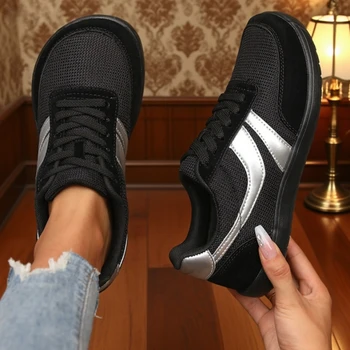 أحذية نسائية بمقدمة واسعة أحذية رياضية حافي القدمين كاجوال واسعة آخر عصرية من القماش الأسود المسطح حذاء جري شبكي يسمح بمرور الهواء 3