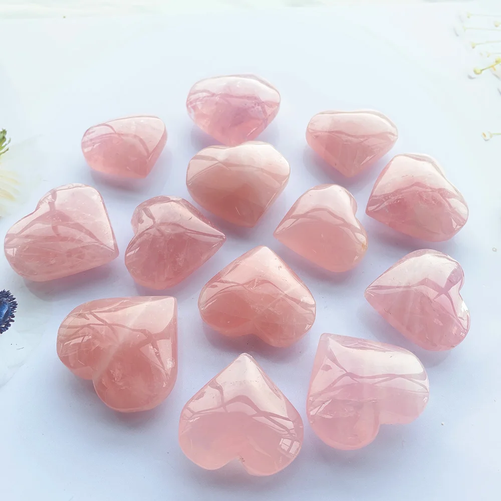 1PC Hibiscus Powder Natural Crystal Heart Shape Reiky Gemstone Pink Crystal Love  Rose Quartz Lovers Gift Collection Decoration
