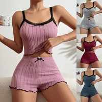 Summer New Womens Ribbed Knit Pajama Set Lace Trim Bow Cami Crop Top Lettuce Hem Shorts Loungewear Sleepwear Cute Soft 2 Piece - Image 6