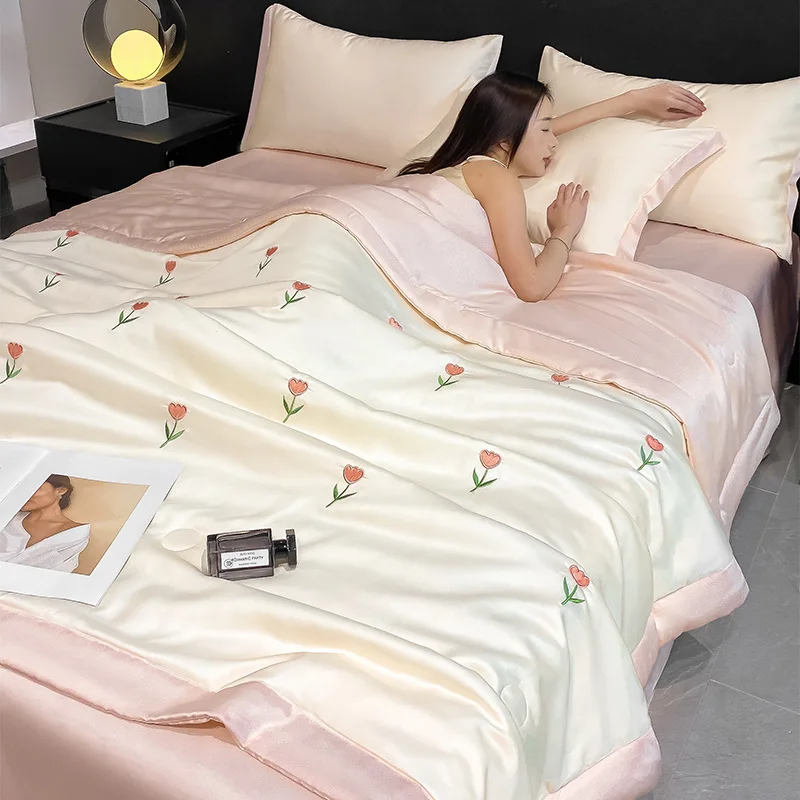 

Light Luxury High-End Embroidery Blanket Washed Ice Silk Summer Quilt Four-Piece Set Machine Washable Silky Cool Feeling