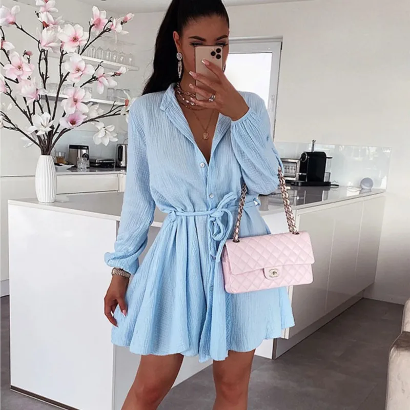 

Casual Loose And Comfortable 2024 Spring/summer Women's Solid Color V-neck Long Sleeved Fashionable And Elegant Dresses