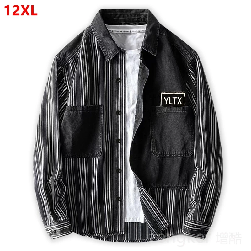New autumn plus size men's striped black shirt oversize casual loose denim shirt 10XL 11XL