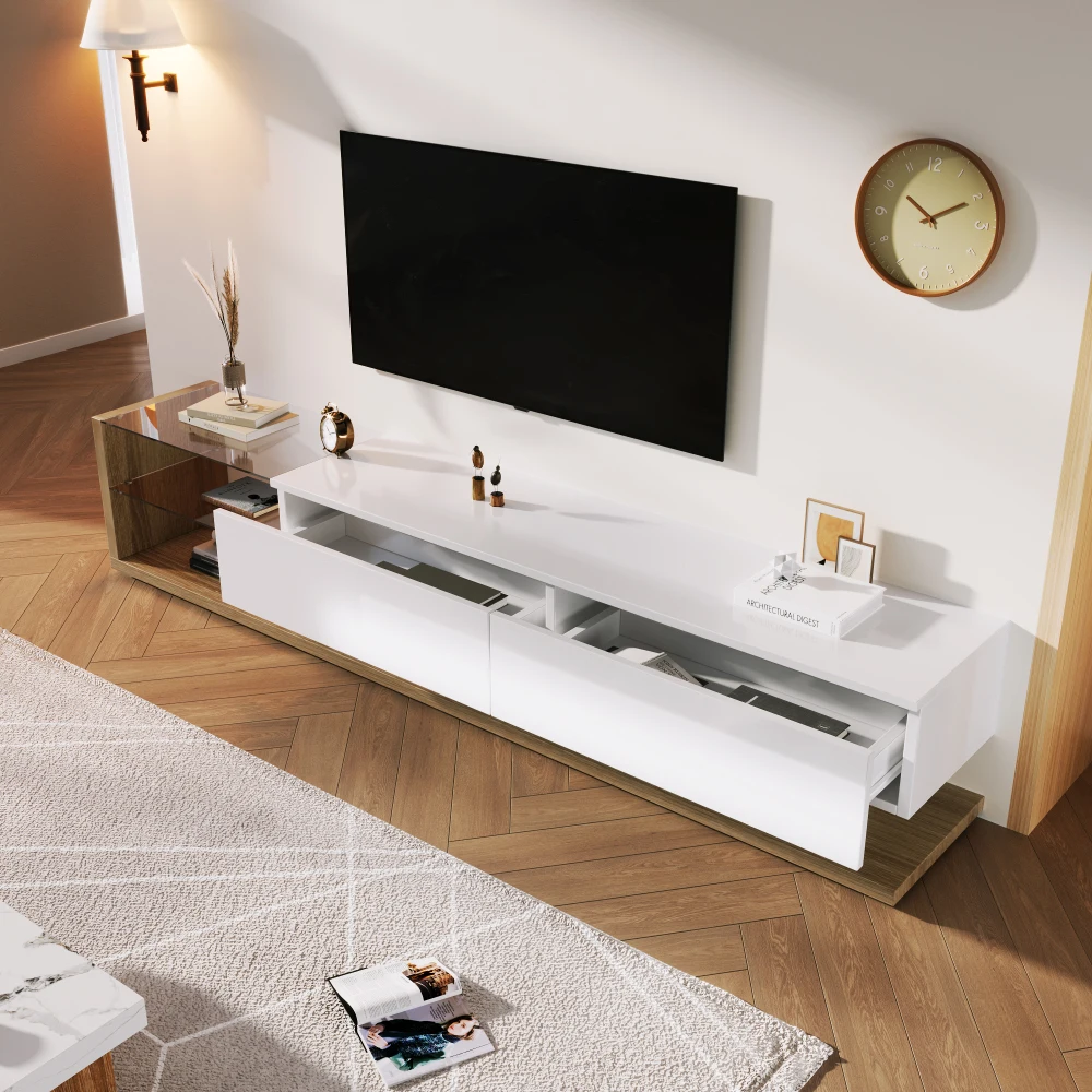 PINGGO Moderner, natürlicher, weißer Hochglanz-TV-Schrank im Landhausstil mit Glastrennwänden und variabler LED-Beleuchtung für das Wohnzimmer – Detail 10