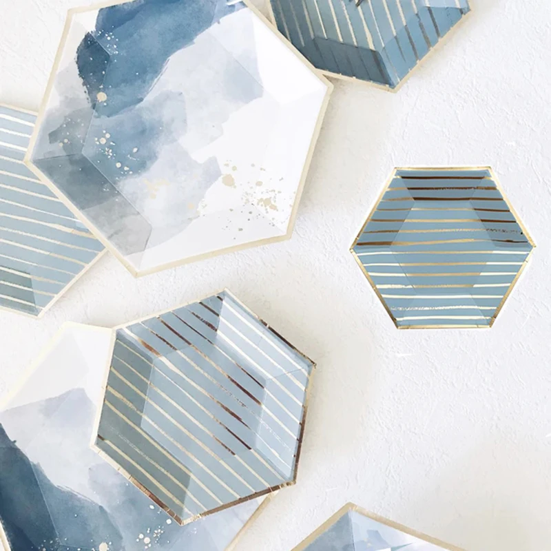 

Blue Gold Stripe Quality Disposable Tableware Party Paper Plate Cups kids Birthday Party Wedding Decor Baby Shower Gold Balloon