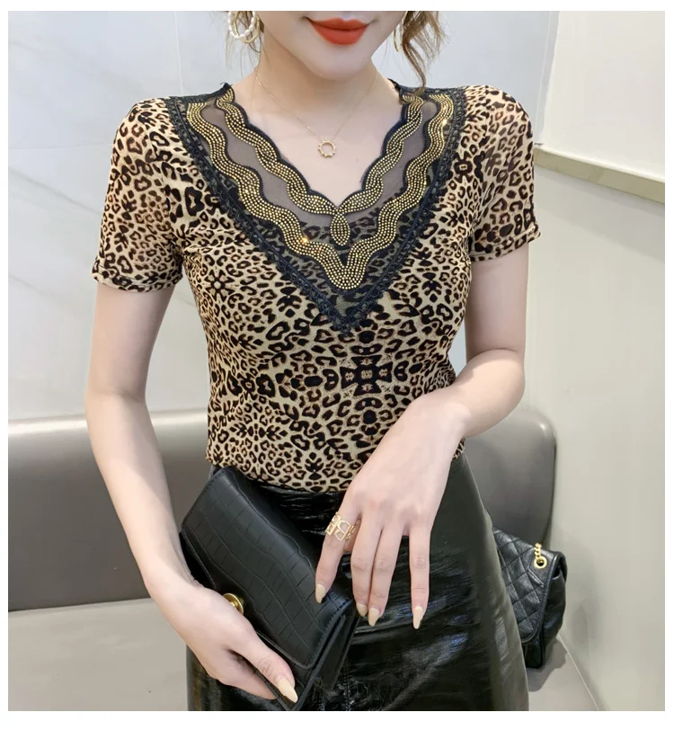 camisole bra #7614 Black Leopard T Shirt Women V-neck Diamonds Sexy Skinny T Shirt Female Spliced Gauze Backless Sexy Club Women's T-shirt sexy camisole
