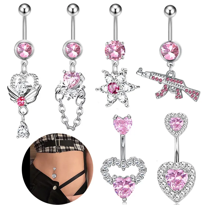 FashionHeartBellyButtonRingsPinkWomenFashionGunBellyRing