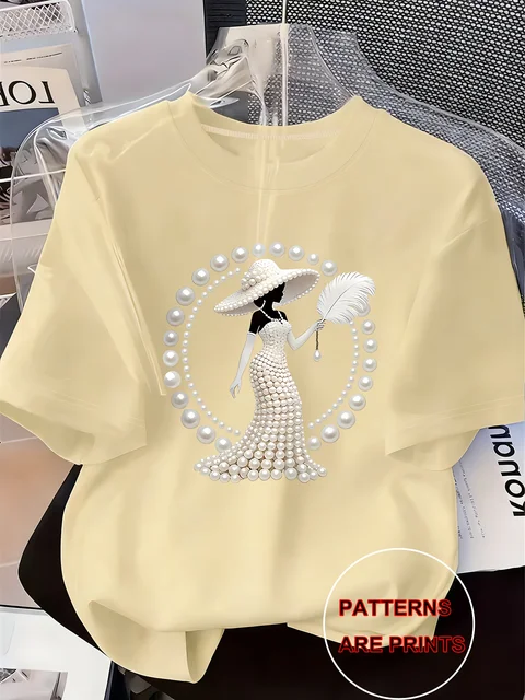 Women's Printed T-Shirt Pearl Diamond Jewelry Women's Design Casual Round Neck Short-sleeved Top Urban Style Printed T-Shirt 2