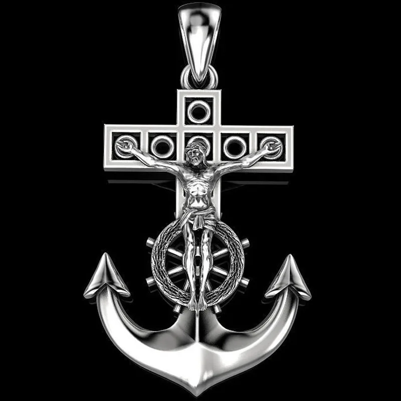

8.4g 3D Cross Jesus Anchor And Steering Wheel Pendant 925 Solid Sterling Silver Pendant Street Fashion
