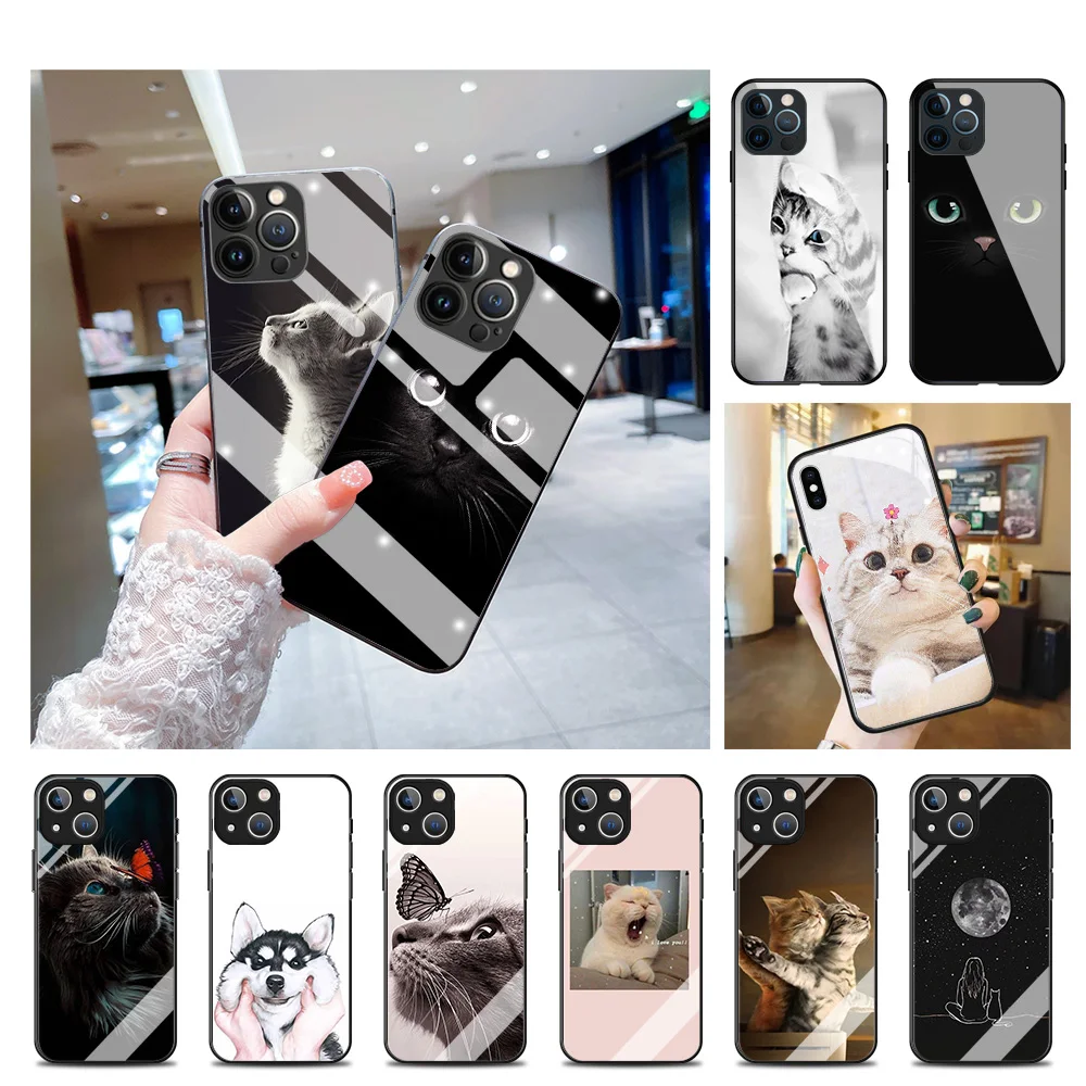 Tempered Glass Cases Fundas Capa Case Iphone Black Cat Apple Cat