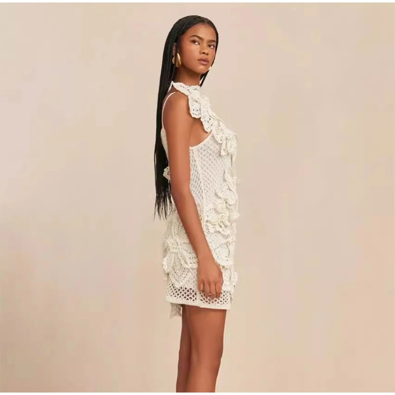 Knit 3d Flower Mini Dress Women Sexy Slim Hollow Out Hip Package Skew-collar Halter Beach Dresses Holiday Party Lady Robe