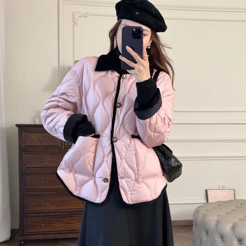 

INS France Retro Black Pointed Collar Pink Quilted Parkas Coat Thick Cotton Winter Clothes Loose Office Lady Streetwear Korean