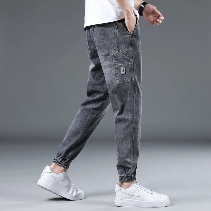 Men's 2023 Spring Summer Casual Slim Cotton Washed Jeans Baggy Drawstring Elastic Waist Denim Pants Hip Hop Streetwear Trousers