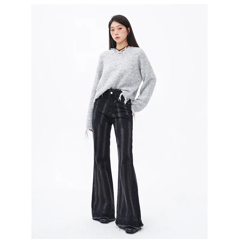 Women Black Jeans Gradient Vintage High Waisted HarajukuWide Leg Pants Fashion Y2K Style Straight Winter Female Denim Trouser