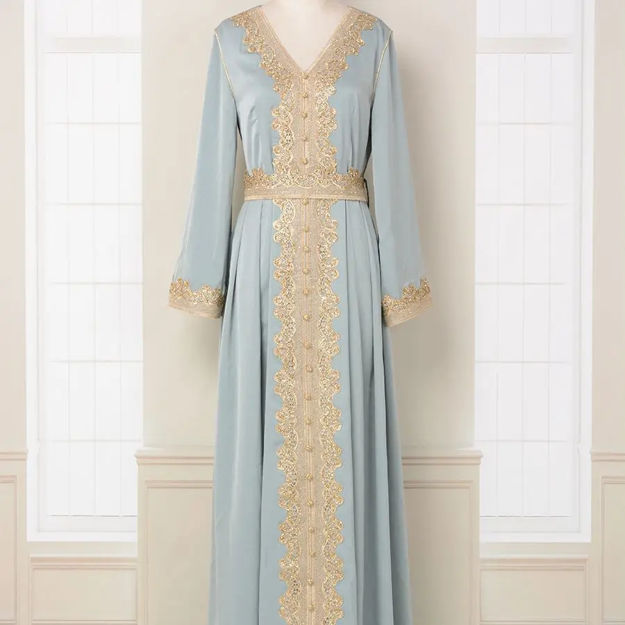 Women Abaya Embroidered Lace Fashion V-neck Dress Belt Green/blue Long Skirt