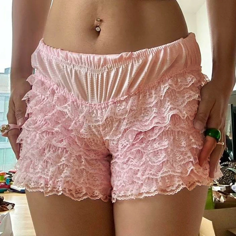 Fairy Coquette Lace Trim Bloomer Shorts Pretty Cute Vintage Ruffles Multi-layers Pettipants 00s Retro Kawaii Y2K Frilly Pants