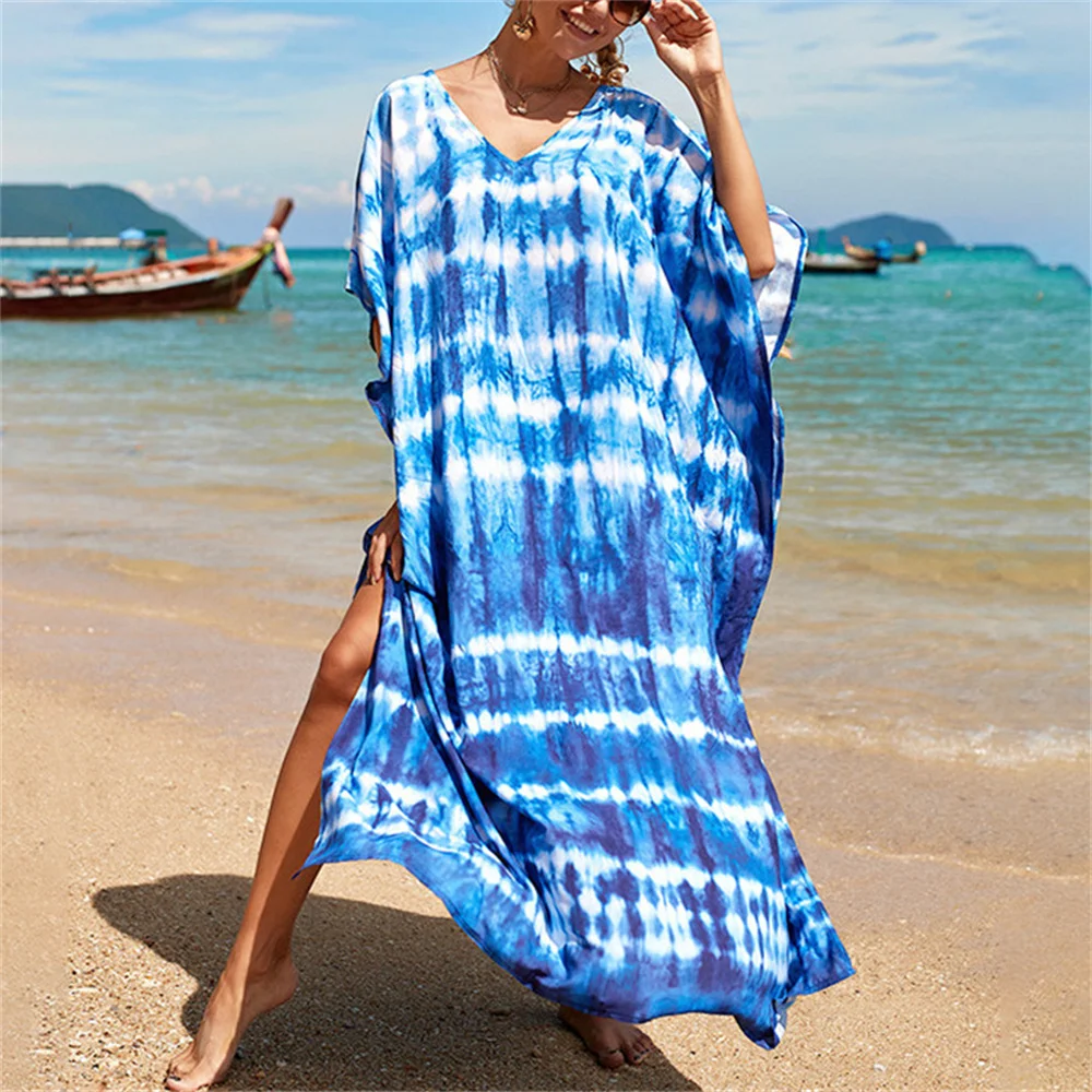 bikini cover up 2022 Long Kaftan Bohemian Printed Bikini Cover-Ups Sexy V-Neck Half Sleeve Maxi Dress Tunic Women Beach Wear Swim Suit Cover Up bathing suit skirt cover up