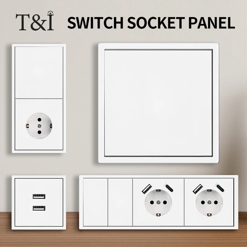 เต้ารับผนังยุโรป EU, พอร์ตชาร์จ USB Type-C, สวิตช์ไฟ 1/2 แก๊ง, 16A 250V, ฟลัชเมาท์, แผงสีขาว, 80 × 80 มม. 1