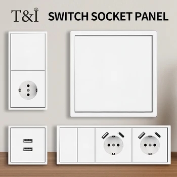 เต้ารับผนังยุโรป EU, พอร์ตชาร์จ USB Type-C, สวิตช์ไฟ 1/2 แก๊ง, 16A 250V, ฟลัชเมาท์, แผงสีขาว, 80 × 80 มม. 1