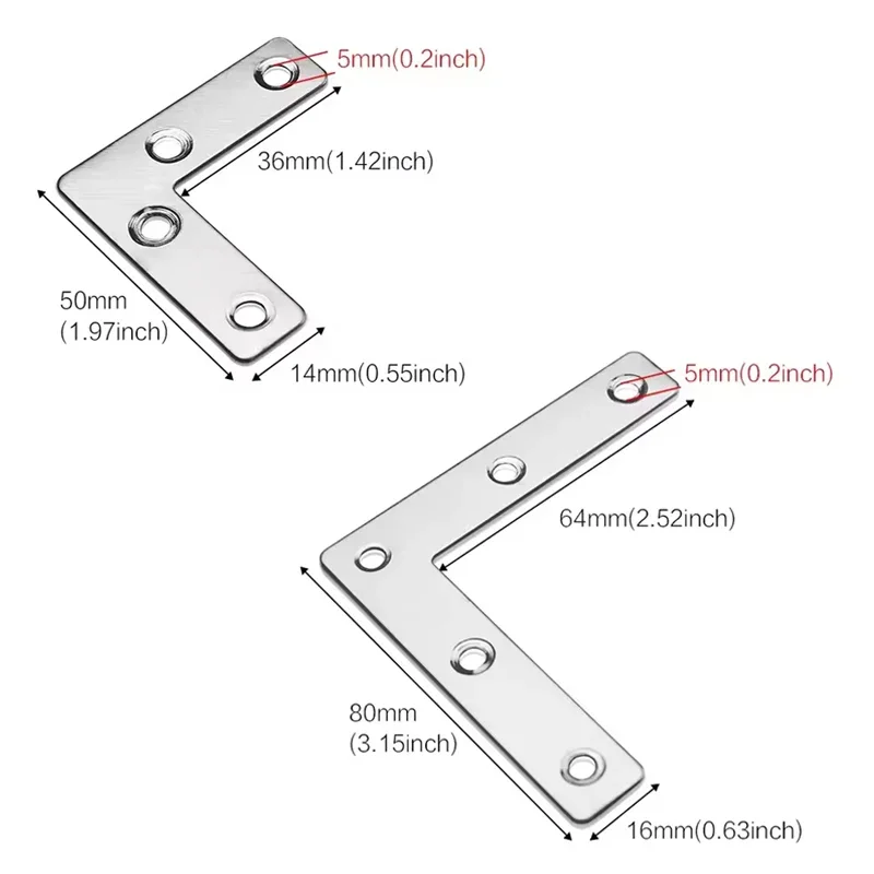 10 Pcs Flat Corner Brace L Type Shelf Bracket 50/80mm Heavy Duty Stainless Steel Shelf Supports