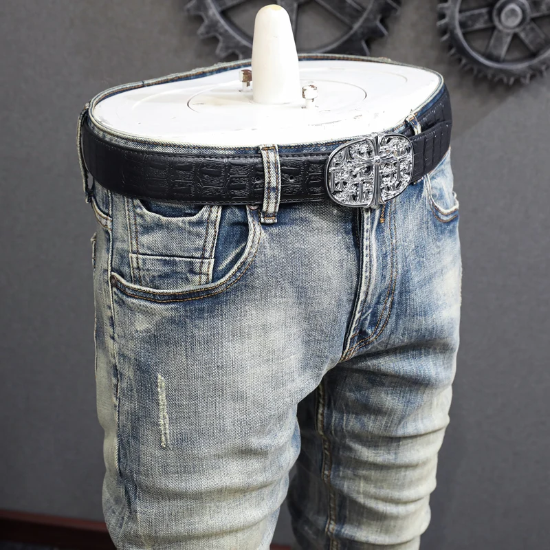 Italian Style Fashion Men Jeans High Quality Retro Washed Elastic Slim Fit Ripped Jeans Men Vintage Designer Denim Pants Hombre