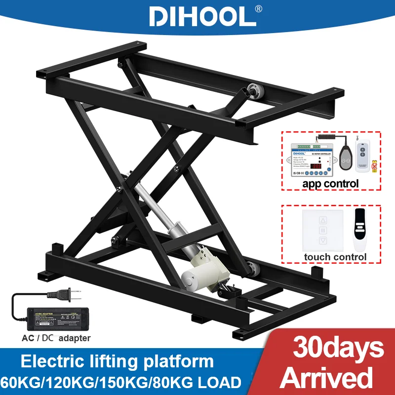 Piattaforma di sollevamento elettrica Tavolo da tè 60/120/150 kg Carico di elevazione Altezza regolabile Telecomando Motore di azionamento Telaio in ferro