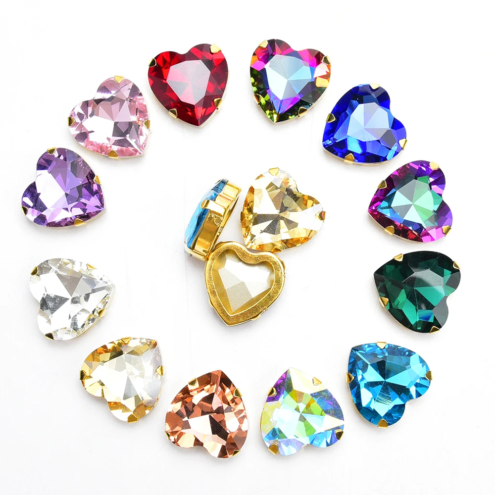 

Large 27mm K9 Heart Shaped Stone With Gold Claw Crystal Sewing Rhinestones for Garment Wedding Dress Needlework Accessories