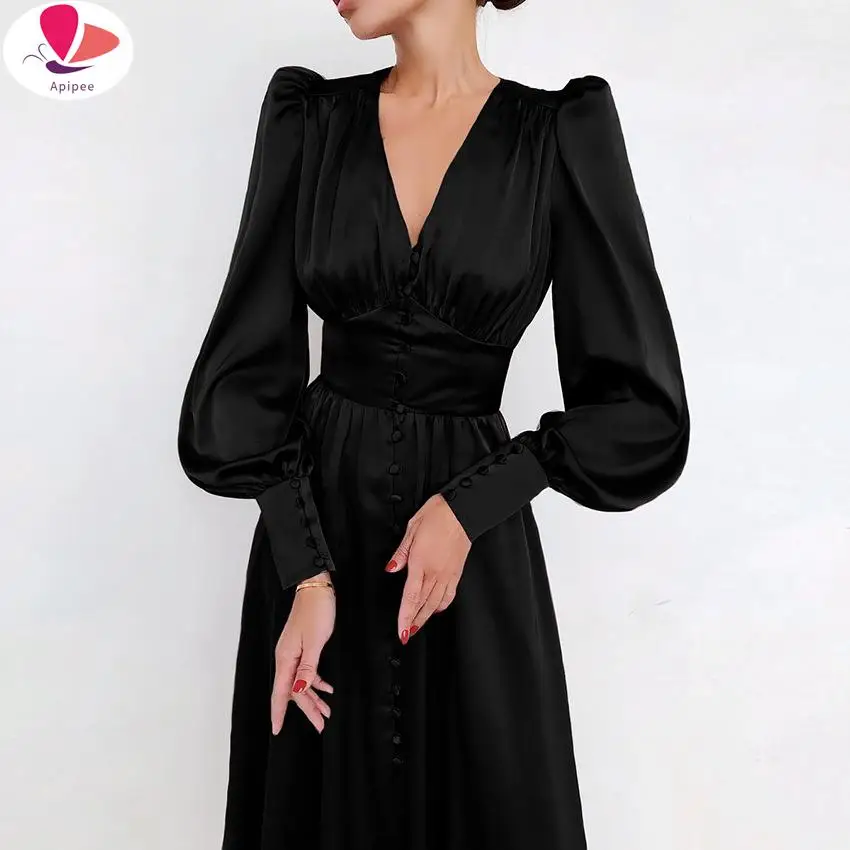 

APIPEE White Single Breasted Elegant Dress For Women Party Robe High Waist Satin Long Dress Chic Midi Dresses Lantern Sleeve
