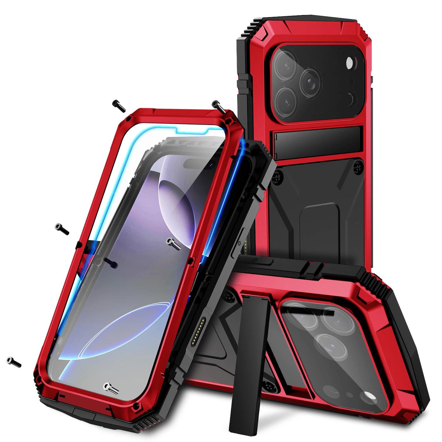 Premium Metal Heavy Duty Case with Kickstand and Glass Screen Cover