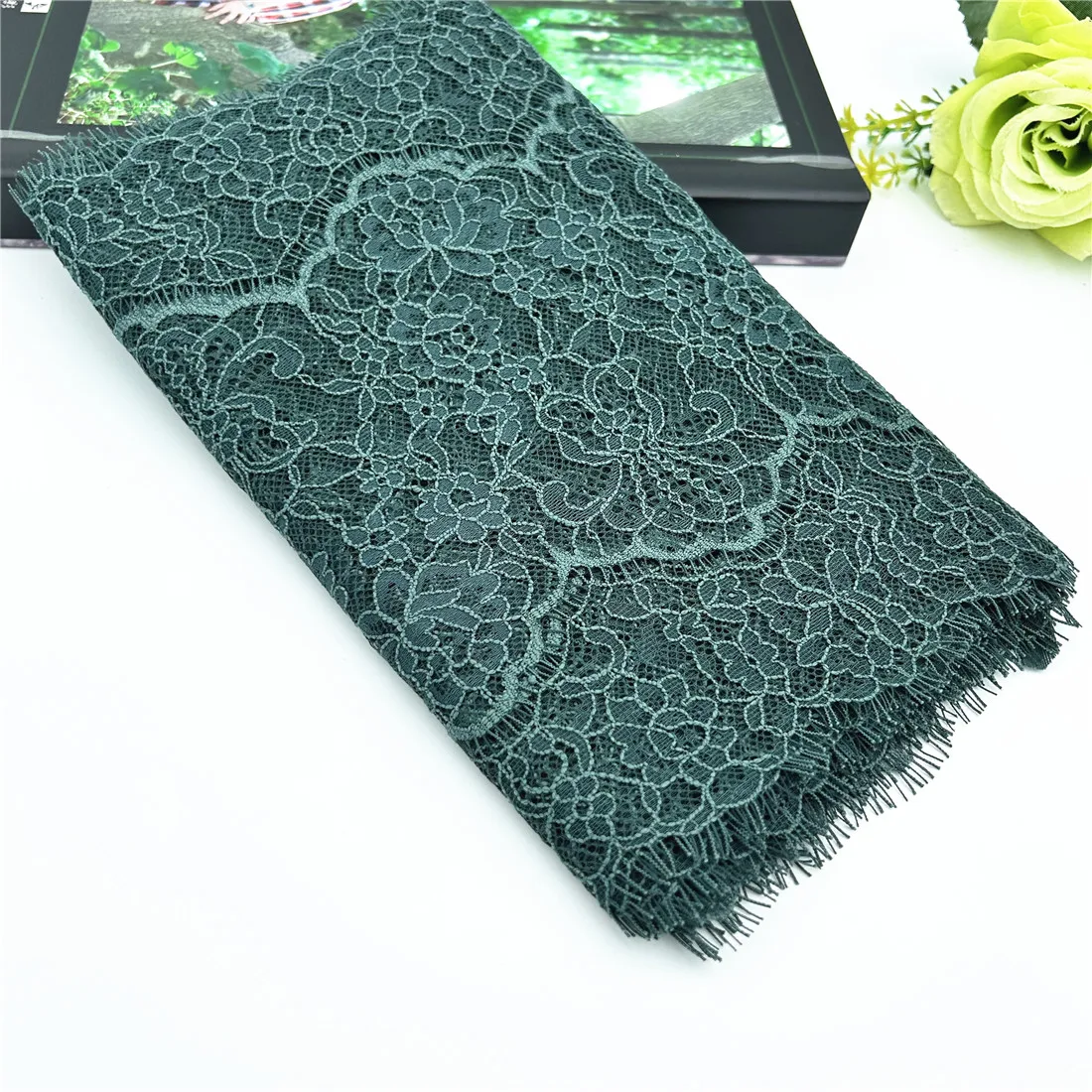 3y/lot Width 9 inch 23cm Dark Green Eyelash Lace Trim Non-Elastic 1