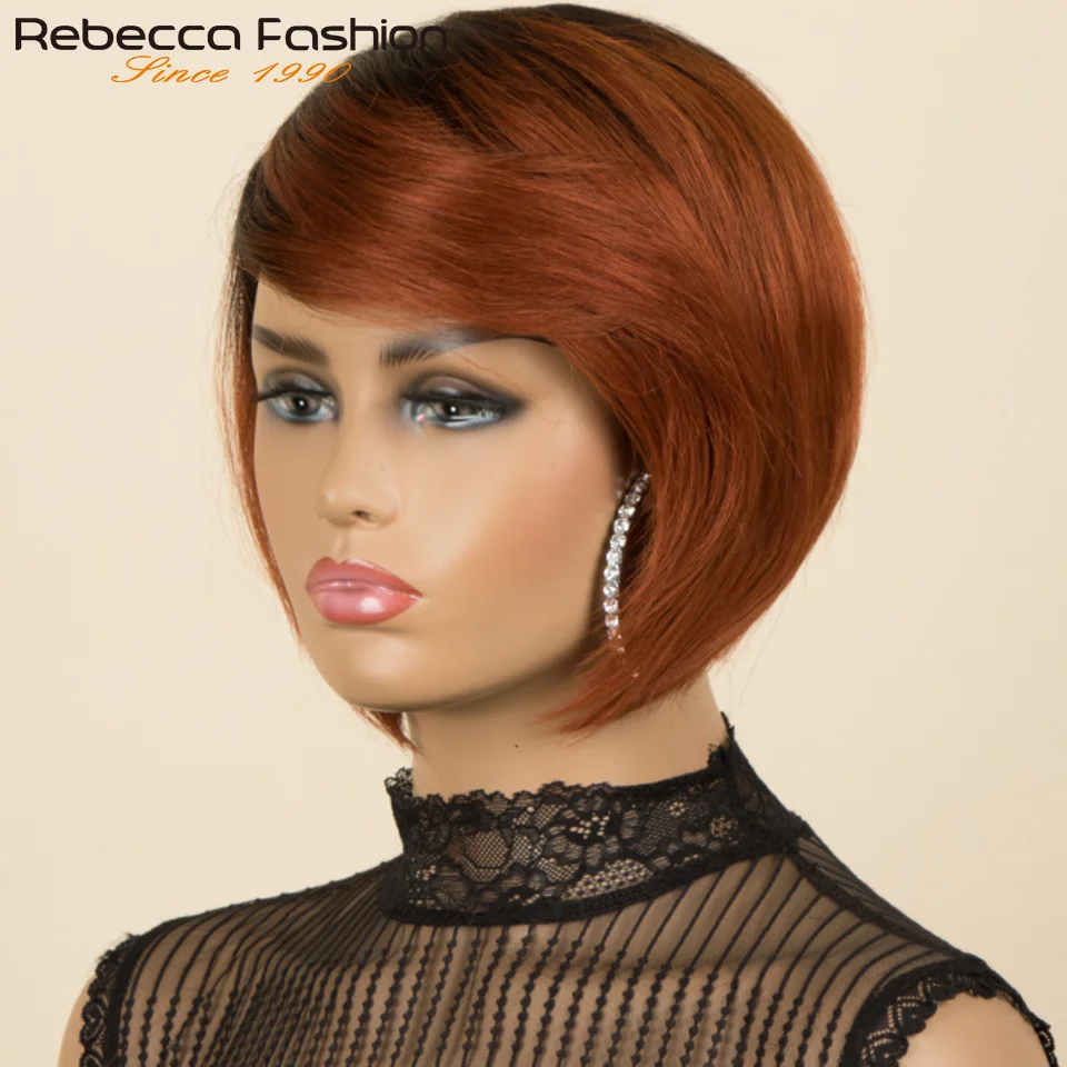 진저 T1B/350 숏 픽시컷 사이드 파트 스트레이트 밥 100% 인모 가발 여성용 브라질 레미 헤어 컬러 풀 머신 메이드