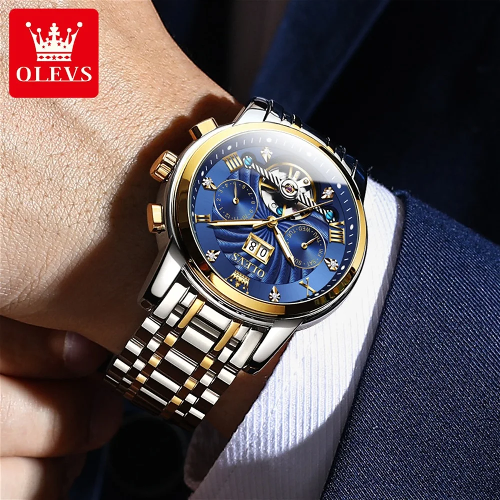 OLEVS 9910 Tourbillon Men Automatic Watch Original Waterproof Luminous Calendar Watch Skeleton Brand Luxury Men Mechanical Watch 3