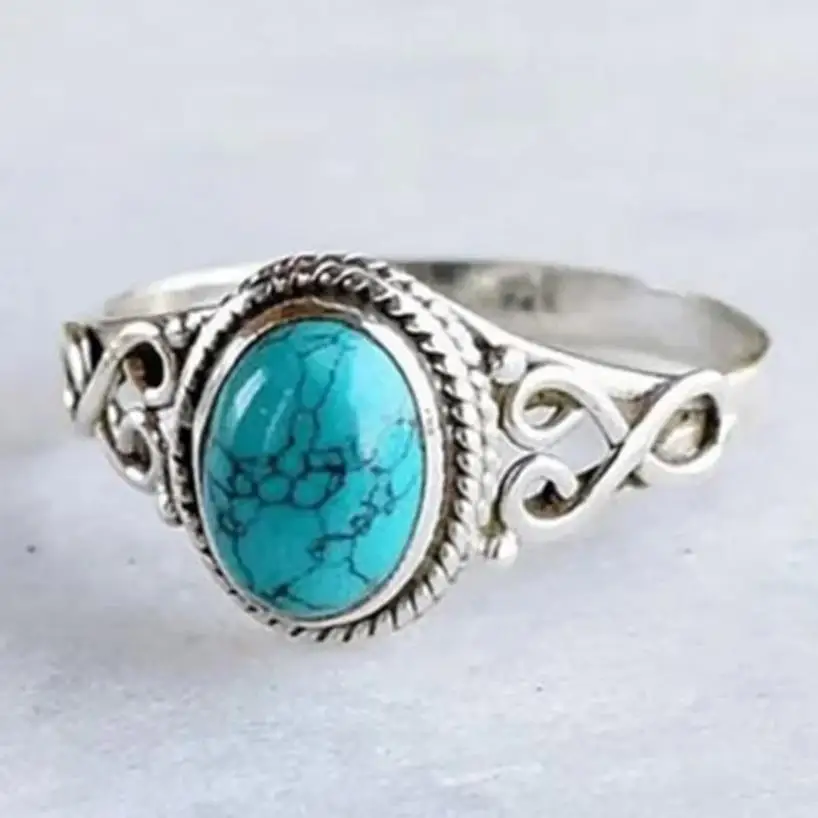 1 Pcs New Fashion Natural Turquoise Ring Wedding Engagement Birthday Party Anniversary Gift Retro Elegance Aquamarine Ring