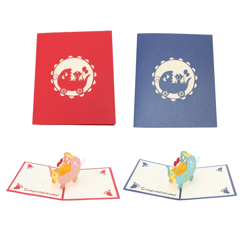 3D Pop Up Baby Carriages Stroller Greeting Card Congratulations Birthday Baby Shower Envelope Invitation Gifts