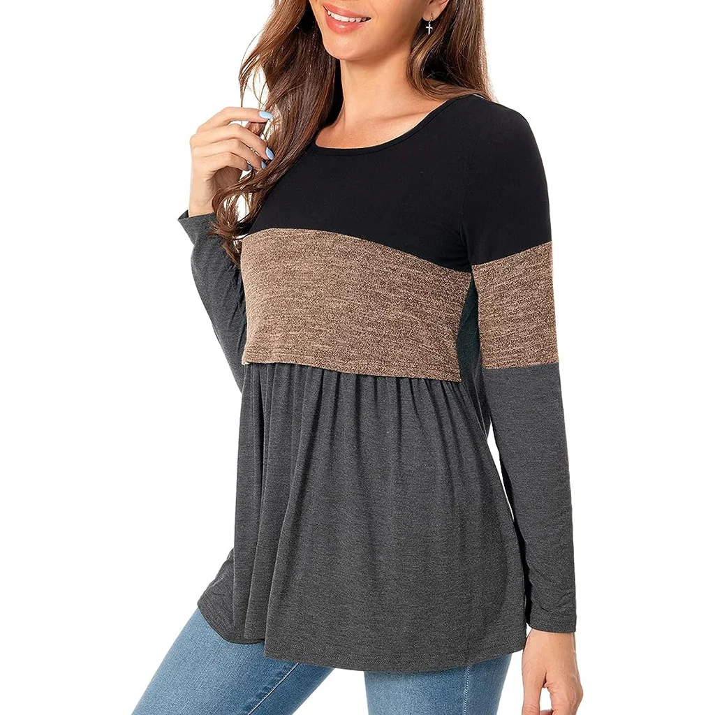 Maternity Nursing T Shirt Pregnant Womens Long Sleeve Patchwork Nursed Tops Blouse For Breastfeeding Pregnancy Clothes Pullover 5