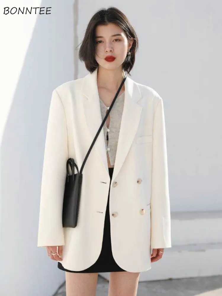 

Blazers Women Solid Office-look Elegant Ladies Loose-fitting Harajuku All-match Chic Casual Femme Simple Street Tender Notched