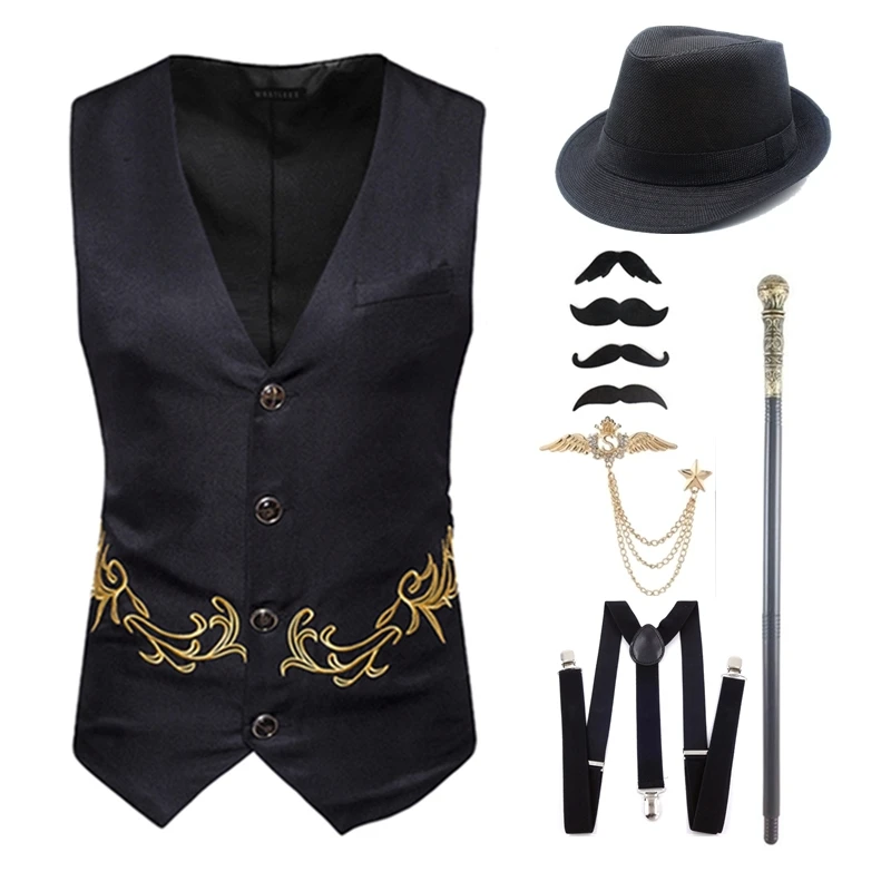 1920s Mens Gatsby Gangster Vest Costume Accessories Set Fedora Hat for Men Retro Costumes Anime Accessories Vintage Vest