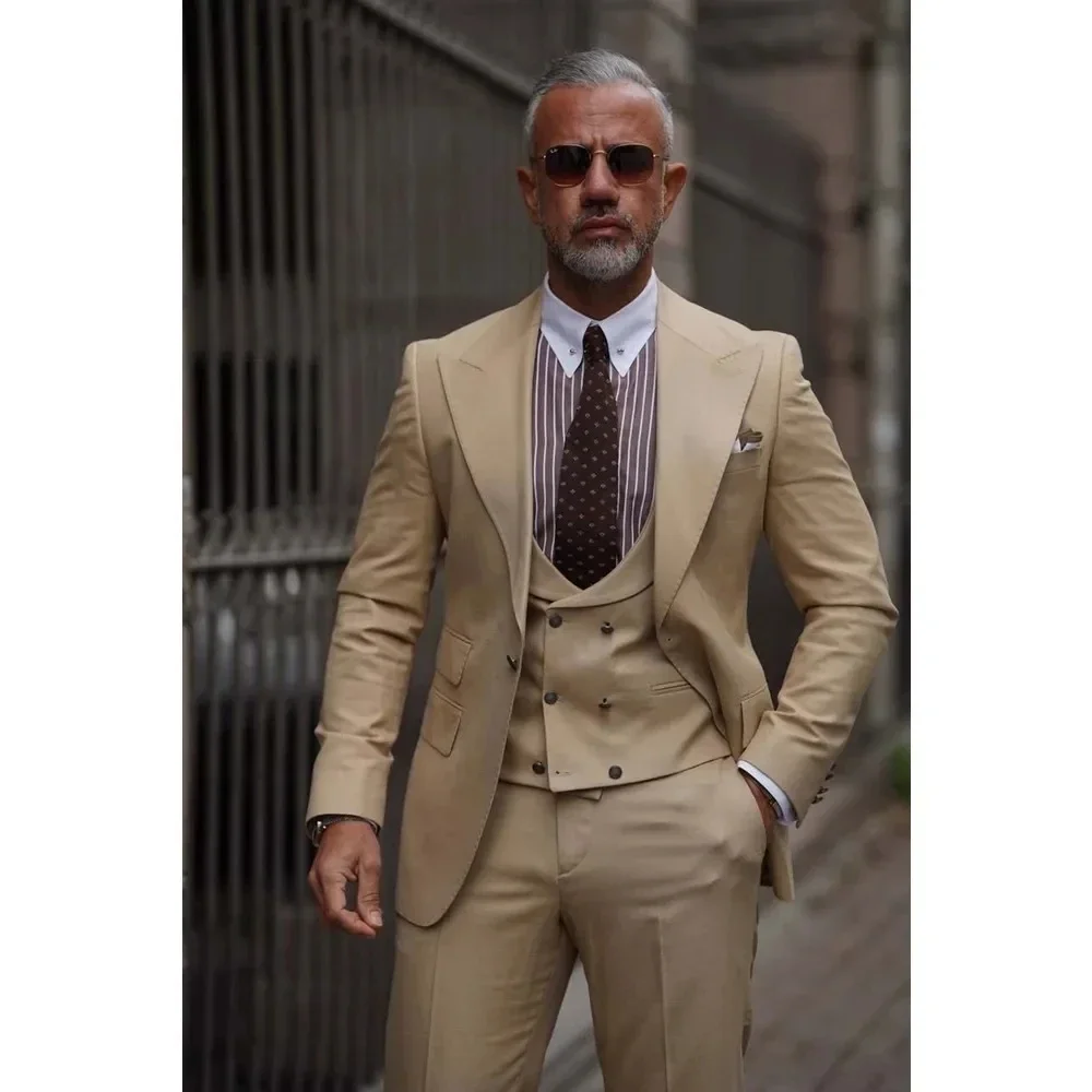 Solid Color Bespoke Khaki Men's Suits One Button Peak Lapel Slim Fit Business Blazer 3 Piece Jacket Pants Vest Sets formal suit