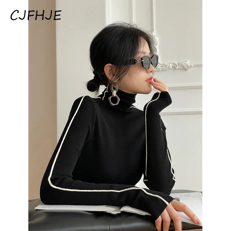 

CJFHJE Streetwear Striped Sweaters Women Turtleneck Knitted Pullovers Korean Harajuku Slim Knitwear Elegant Simple Casual Jumper