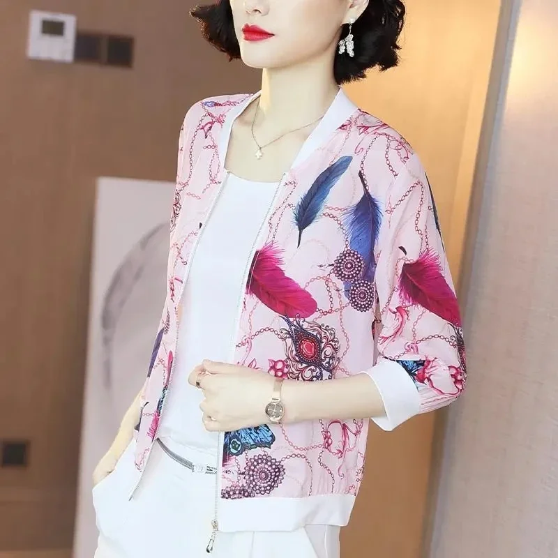 

Korean Fashion Print Chiffon Jacket Pink Lightweight Bomber Outerwear Women Loose Over Summer Chaqueta Sun Protection Z211