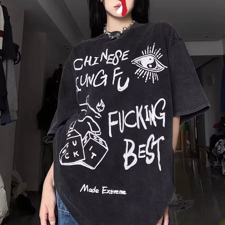 

Summer American Retro Element Graffiti Print Graphic T shirt Fashion Street Y2K Hip Hop Personality Couple Oversized T shirt