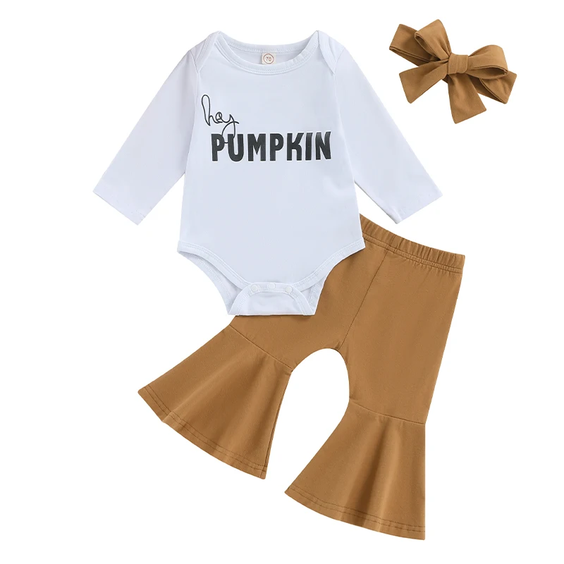 

Cute Baby Girls 3Pcs Halloween Pumpkin Print Outfits Suit Long Sleeve Tops Sweatshirt Flared Pants Headband Set Toddler