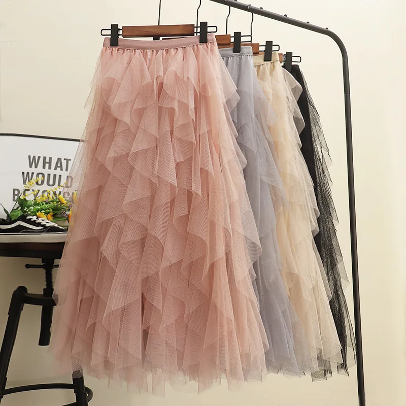 

Women's Tulle Cake Mesh Skirt Irregular Pleated High Waist Elegant Elastic Waist Fairy Long A-line Puffy Skirt