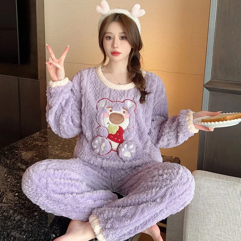 Flannel Pajamas Women Cartoon Coral Fleece Thickened Warm Loose Homewear Suit Female Large Size Round Neck Sleepwear Sets 2024
