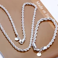 Breloque en argent sterling 925 pour hommes et femmes, accessoires, 4MM, 40-60cm, 2 pièces, chaîne en corde, collier, Bracelet, mode, cadeau de mariage, bijoux 1