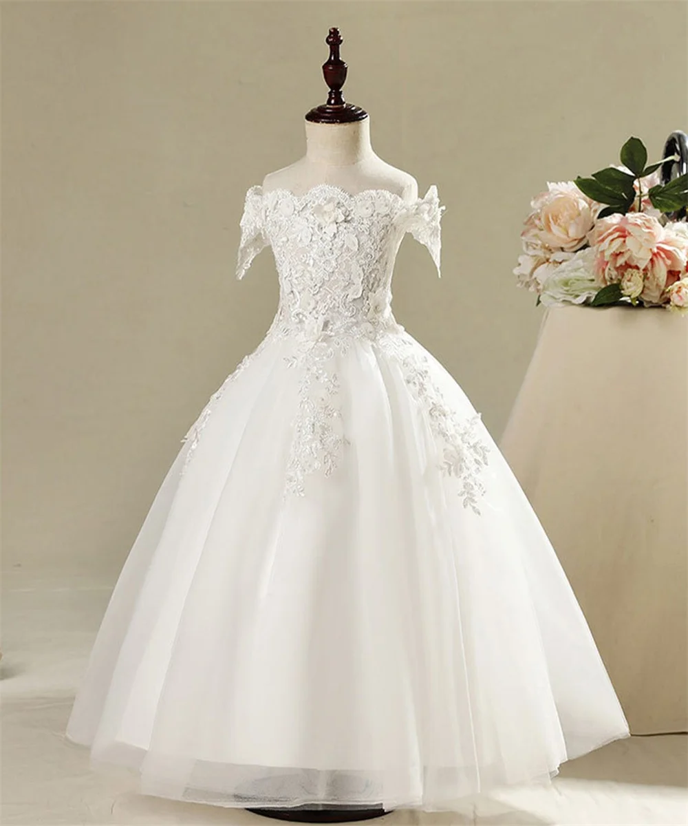 

Fluffy Tulle Beaded Applique Off Shoulder Ankle Flower Girl Dress for Wedding Bridesmaid Birthday Party Dinner Ball