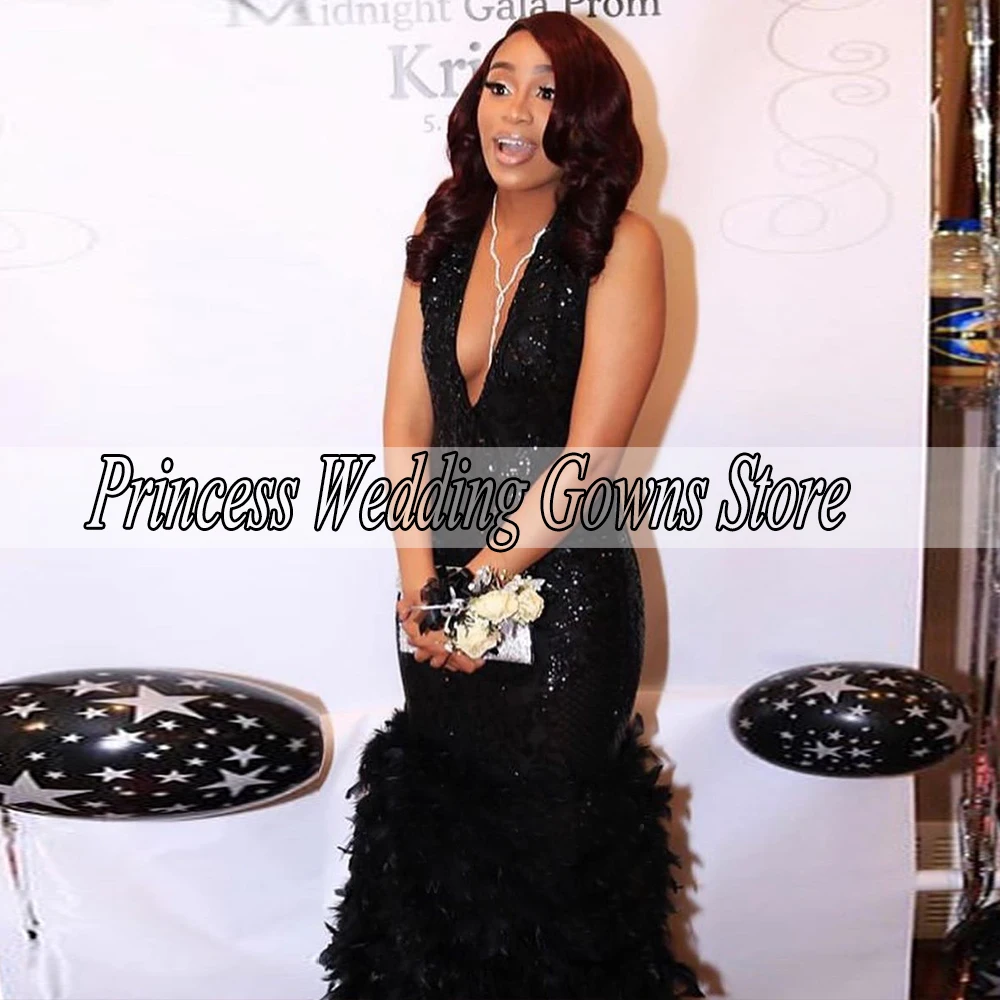 Vintage Black Sequin Prom Gown Sleeveless Sexy V Neck Floor Length Backless With Feather Custom African Evening Dresses 2022 Prom Dresses