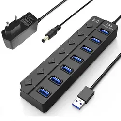 Enhanced USB Hub with Power Adapter and Switch - 4/7 Port Multi - Port Expander with 30CM Cable (USB3.0 7P - EU Plug)